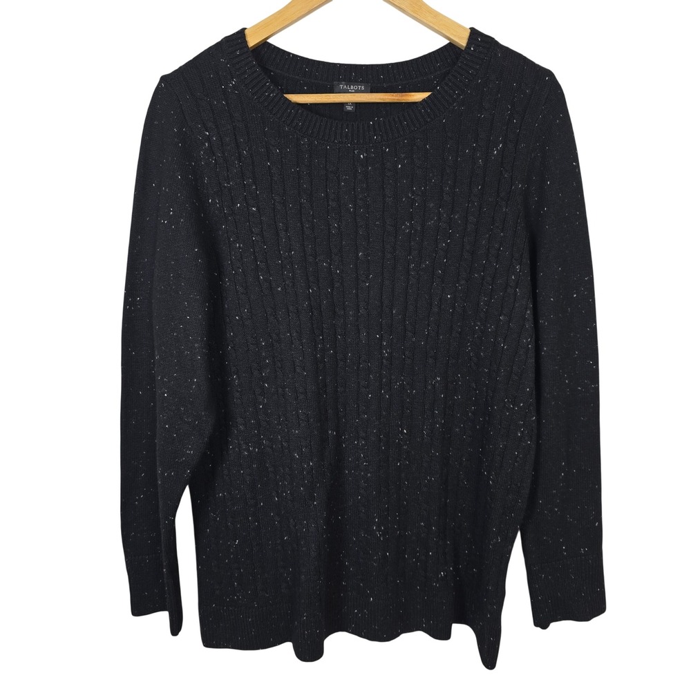 Talbots Plus Womens 1X Black Donegal Tweed Cable Knit Button Cuff Sweater